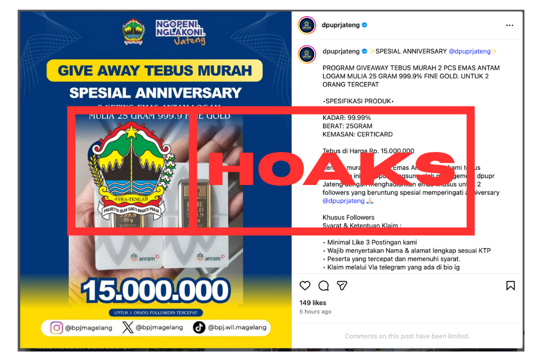 [HOAKS] Give Away Emas Mengatasnamakan DPUPR Jawa Tengah